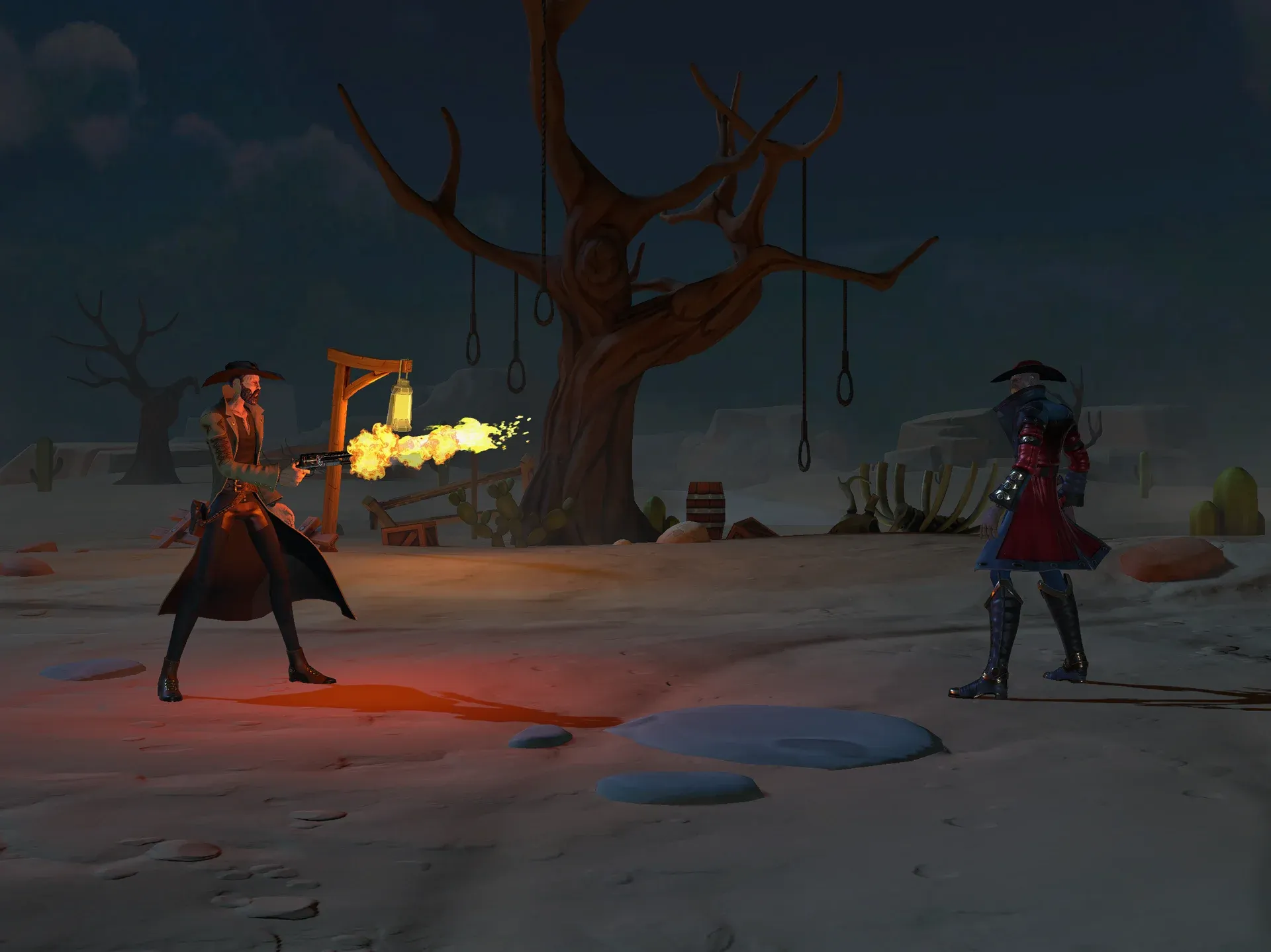 Guns & Fury iOS game: Quick-draw duel at night in Wild West ghost town