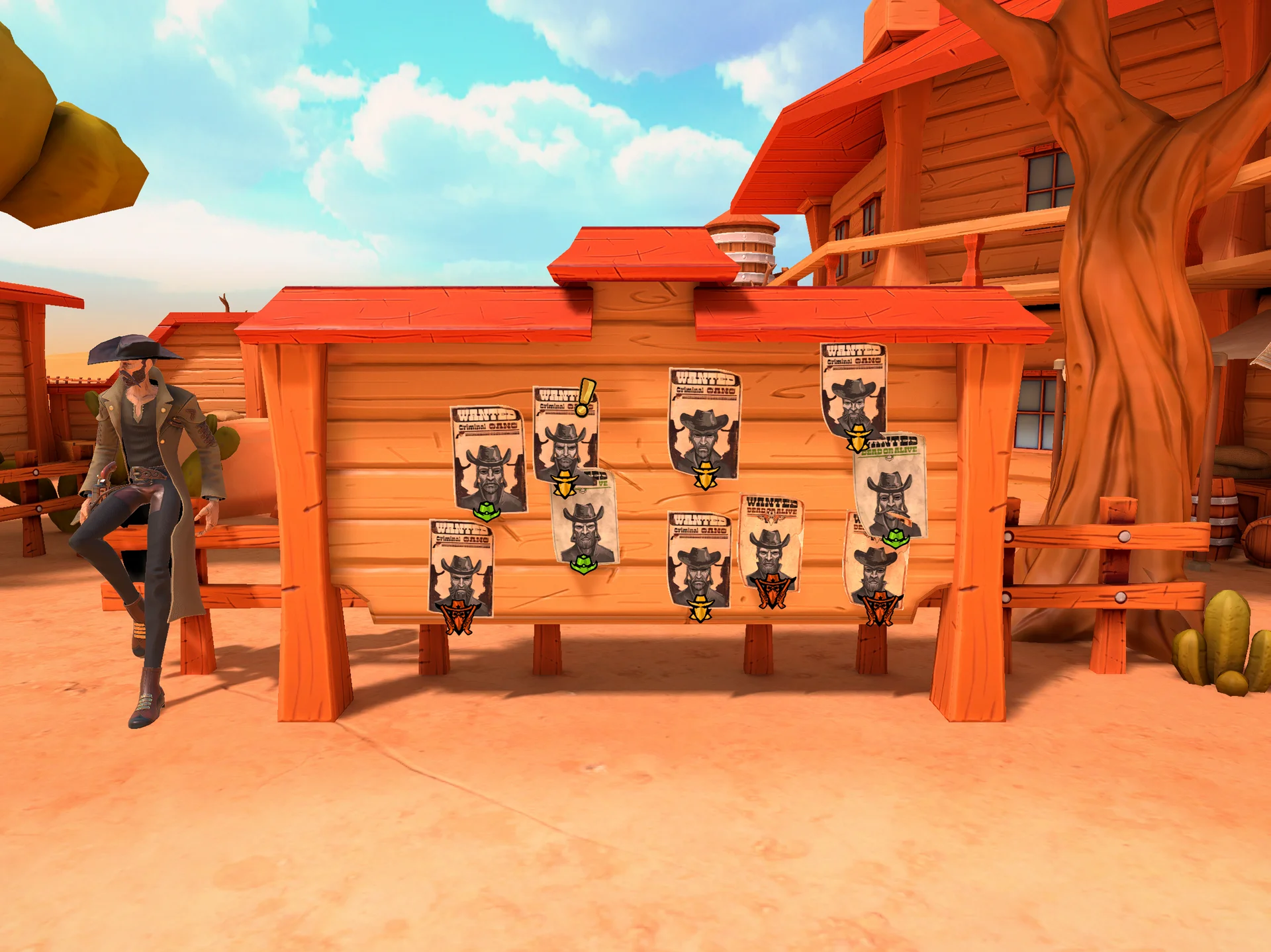 Guns & Fury bounty system: Wanted posters in frontier saloon - Golden Fox game